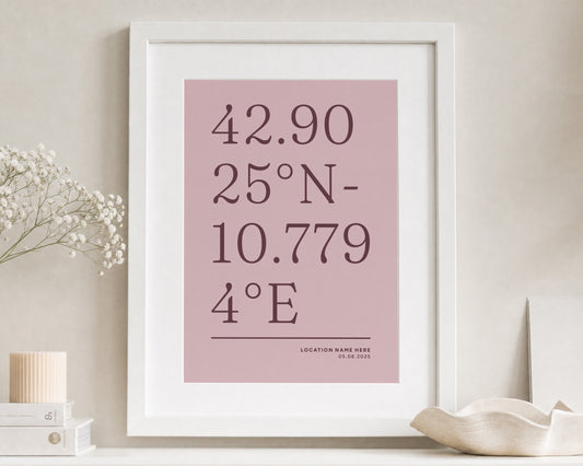 Personalised Coordinates Print, Pink Wall Art, Custom Location Print, New Home Gift, House Warming Gift, White Framed Print