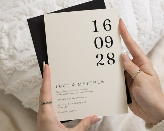 Ivory Wedding Invitations with Black Envelopes, Minimalist Wedding Invites, Elegant Typography, Personalised Wedding Invitations