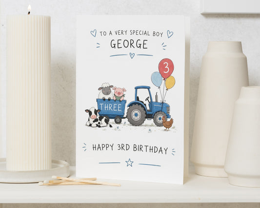 3rd Birthday Card for Boy, Personalised Tractor Birthday Card, Farm Animal Birthday Card, Custom Third Birthday Card, Age 3 Birthday Card
