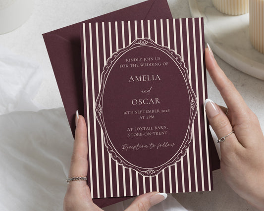Bramble Burgundy Wedding Invitations, Vintage Striped Wedding Invites, Elegant Classic Wedding Stationery, Personalised Invite Suite