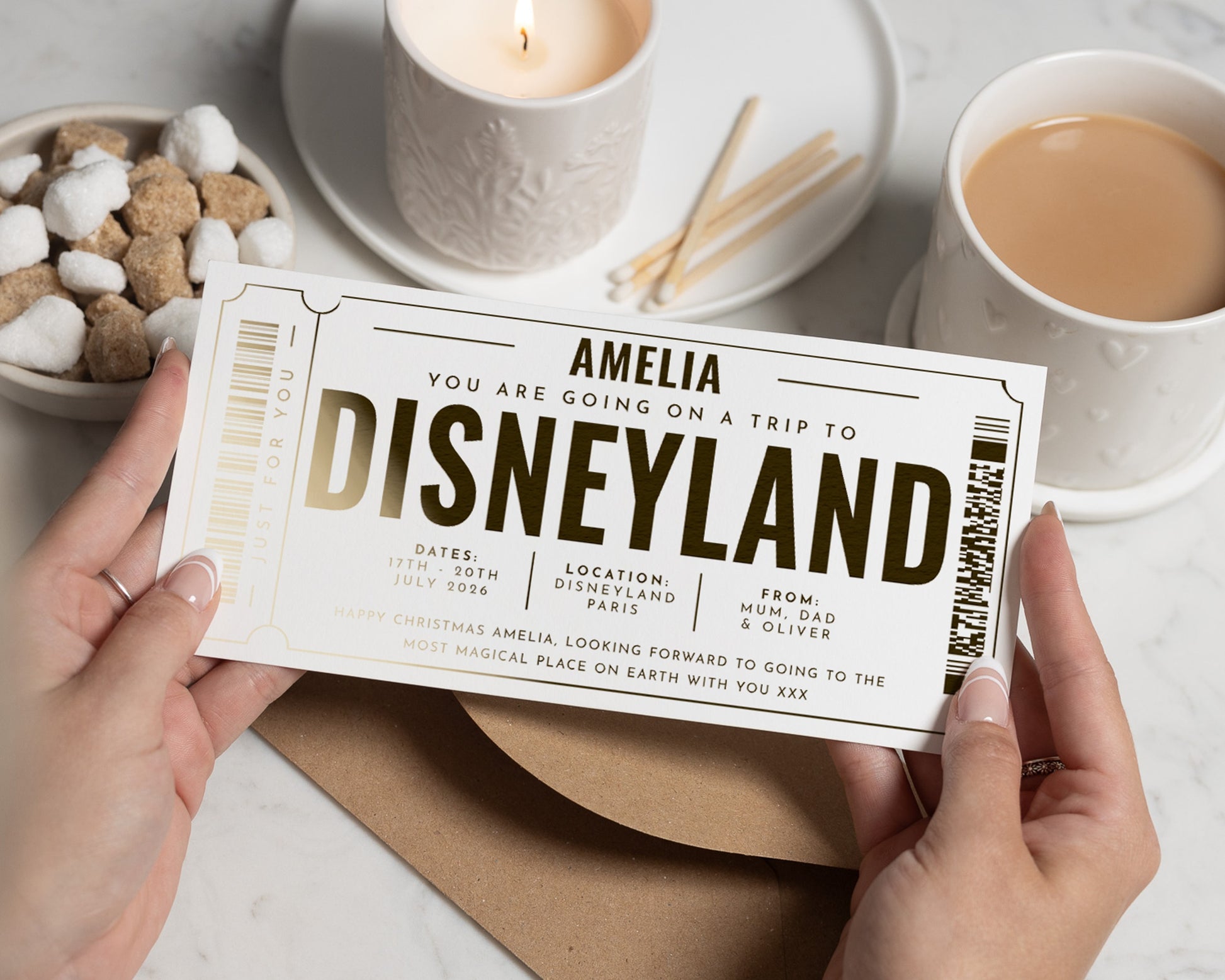 Personalised Disneyland Gift Voucher, Holiday Reveal Ticket, Gold Foil Gift, Scratch To Reveal, Custom Trip Voucher