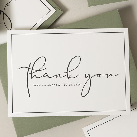 Calligraphy Wedding Thank You Cards, Simple Wedding Postcards, Includes Envelopes, Wedding Thank You Card, Postcard Wedding &#39;Olivia&#39;