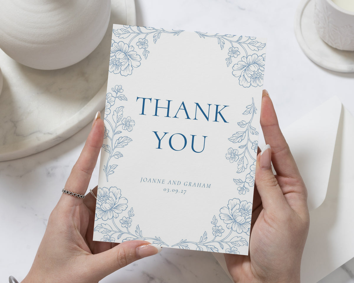 Personalised Wedding Thank You Cards, Floral Thank You Cards, Wedding Thank You Card, Blue Wedding Thank You Cards, A6 5x7 Thank You Cards