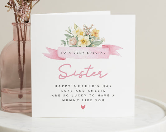 Mother's Day Card for Sister, Personalised Mother's Day Card, Card from Kids, Special Sister Card, Floral Mother's Day Card
