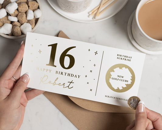 Personalised 16th Birthday Gift Voucher, Scratch To Reveal, Gold Foil, Birthday Surprise, Custom Gift For Him Or Her