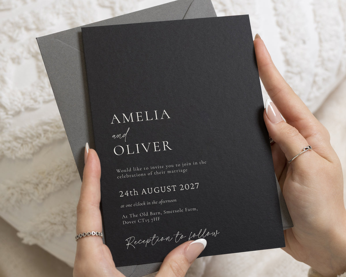 Onyx Black Wedding Invitations with Charcoal Grey Envelopes, Elegant Typography Wedding Invites, Formal Personalised Invitation Suite