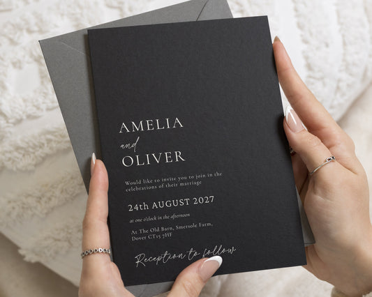 Onyx Black Wedding Invitations with Charcoal Grey Envelopes, Elegant Typography Wedding Invites, Formal Personalised Invitation Suite