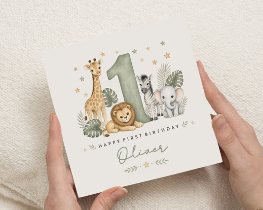 1st Birthday Card, First Birthday Card, Personalised Birthday Card, Safari Birthday Card, Jungle Animal Birthday Card for Boy or Girl