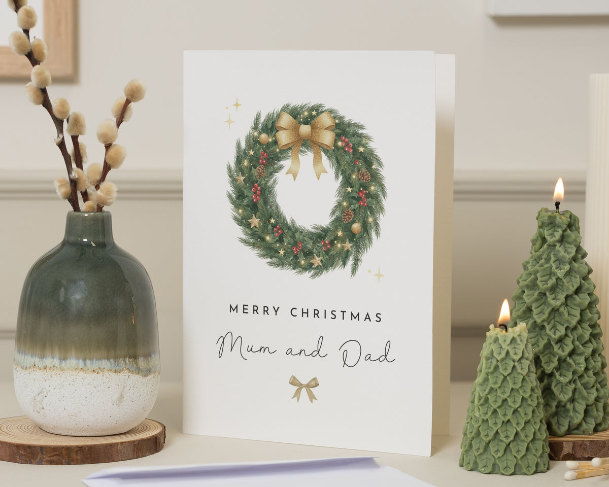 Christmas Card for Mum and Dad, Mum and Dad Christmas Card, Christmas Card for Parents, Personalised Christmas Card, Wreath Card