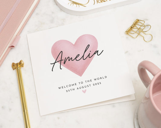 Personalised New Baby Card, Welcome To The World Card, Baby Girl Card, Custom Name Baby Card, New Baby Card for Daughter, Pink Heart Card