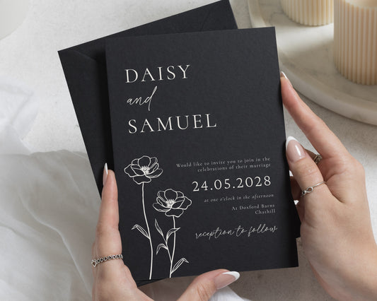 Black Floral Wedding Invitations with Black Envelopes, Monochrome Wedding Invites, Elegant Botanical Invitation Suite