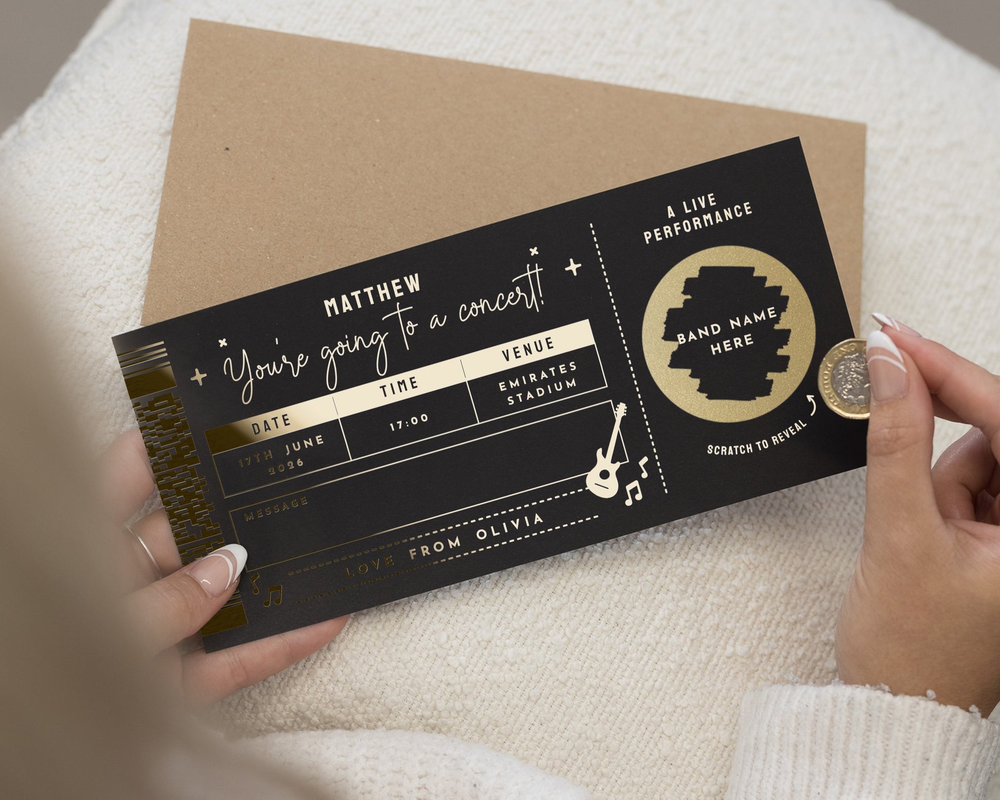 Personalised Concert Ticket Gift, Scratch To Reveal, Gold Foil, Gift Voucher, Concert Gift For Him Or Her