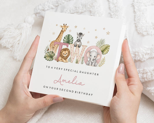 2nd Birthday Card for Daughter, Second Birthday Card, Personalised Birthday Card for Girl, Safari Birthday Card, Jungle Animal Card