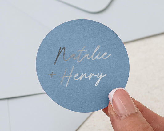 Personalised Wedding Sticker, Custom Name Sticker, Blue Foil Wedding Label, Envelope Seal, Wedding Favour Sticker, Silver Foil Sticker