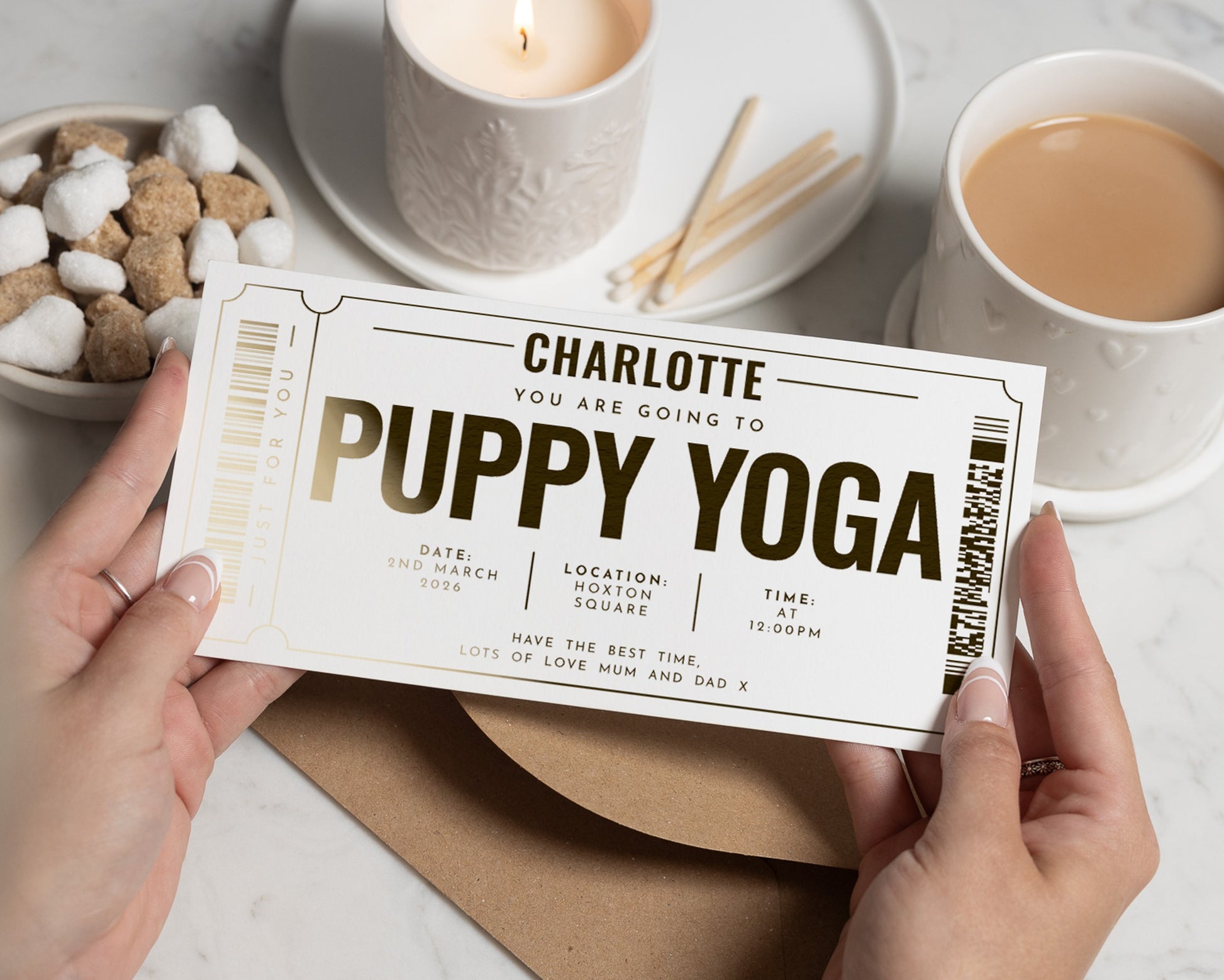 Personalised Puppy Yoga Gift Voucher, Gold Foil Experience Ticket, Custom Gift For Her, Scratch To Reveal