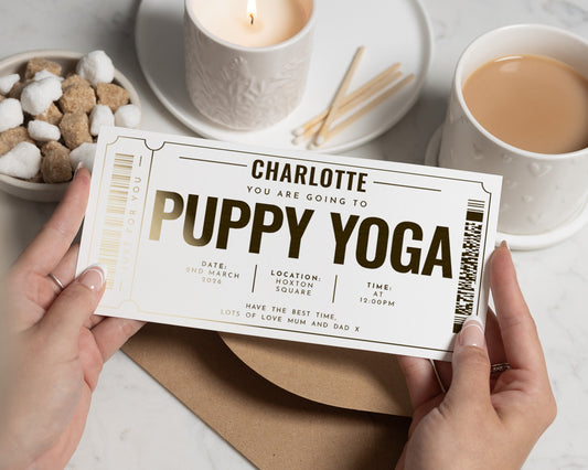 Personalised Puppy Yoga Gift Voucher, Gold Foil Experience Ticket, Custom Gift For Her, Scratch To Reveal