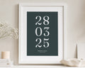 Personalised Date Print, Dark Green Wall Art, Wedding Gift for Couple, Anniversary Gift, Framed Portrait Print with Mount
