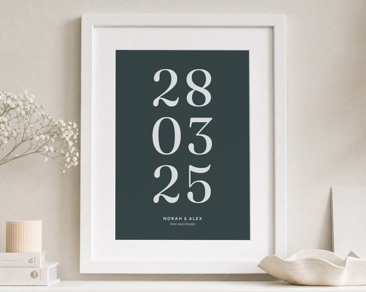 Personalised Date Print, Dark Green Wall Art, Wedding Gift for Couple, Anniversary Gift, Framed Portrait Print with Mount