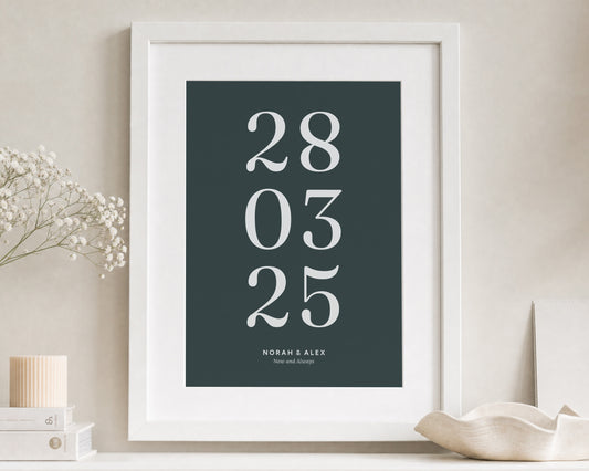 Personalised Date Print, Dark Green Wall Art, Wedding Gift for Couple, Anniversary Gift, Framed Portrait Print with Mount