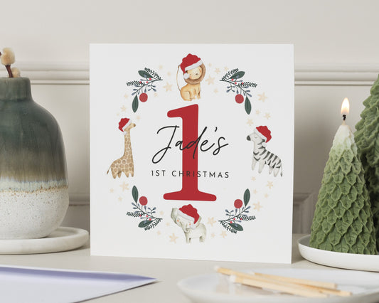 1st Christmas Card, Personalised First Christmas Card, Baby Christmas Card, Animal Christmas Card, 1st Christmas Card for Girl, Cute Card