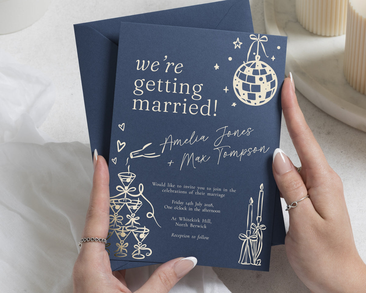 Navy Blue Wedding Invitations with Gold Foil, Party Wedding Invite, Celebration Invitation, Personalised Foiled Stationery