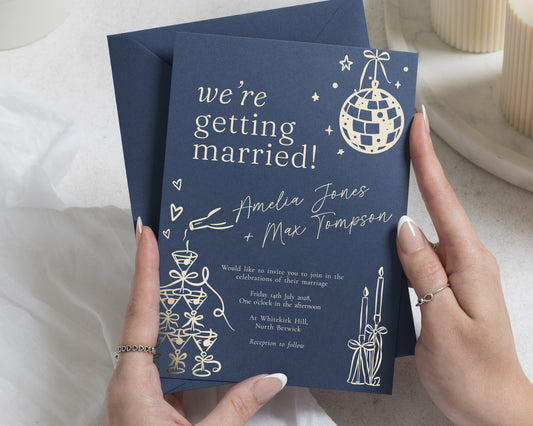 Navy Blue Wedding Invitations with Gold Foil, Party Wedding Invite, Celebration Invitation, Personalised Foiled Stationery