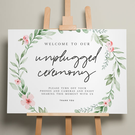 Floral Wedding Unplugged Ceremony Sign, On The Day Wedding Sign, Wedding Ceremony Signage, Unplugged Sign, Minimalist Wedding Sign &#39;Paige&#39;