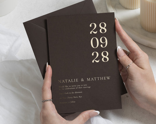 Gold Foil Wedding Invitations, Chocolate Brown Minimalist Wedding Invites with Matching Envelopes, Elegant Date Typography