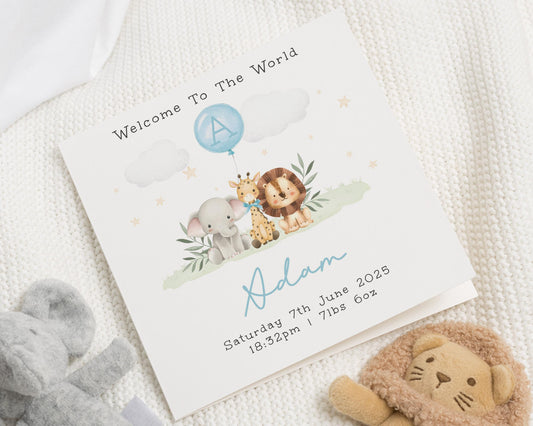 New Baby Card, Personalised Baby Card, Welcome To The World Card, Baby Boy Card, Animal Baby Card, Birth Announcement Card