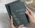Gold Foil Wedding Invitations, Deep Green Cocktail Illustration Invites, Modern Typography Wedding Invitation