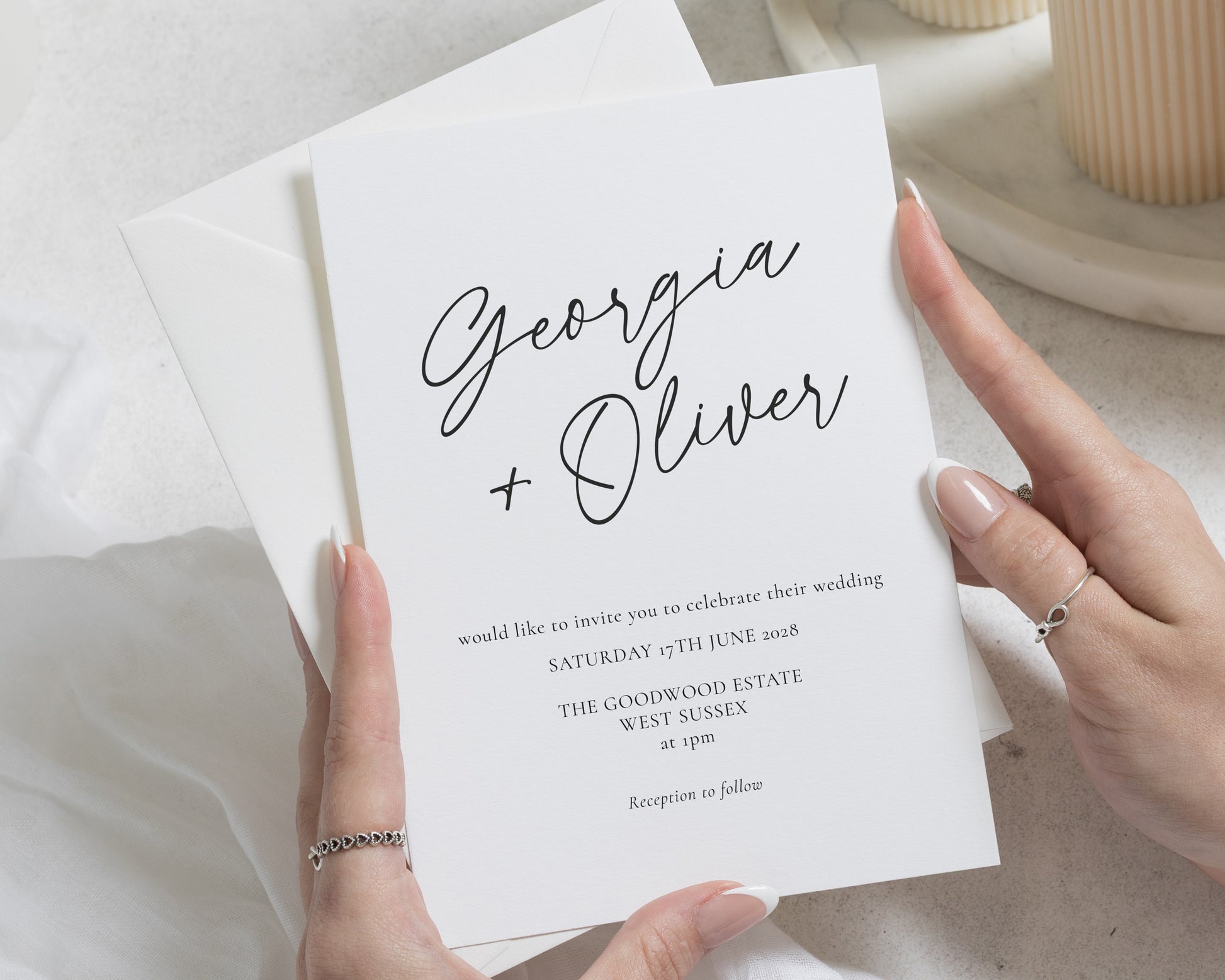 Minimalist Wedding Invitations, Black and White Calligraphy Wedding Invite, Simple Elegant Flat Wedding Invitation Suite
