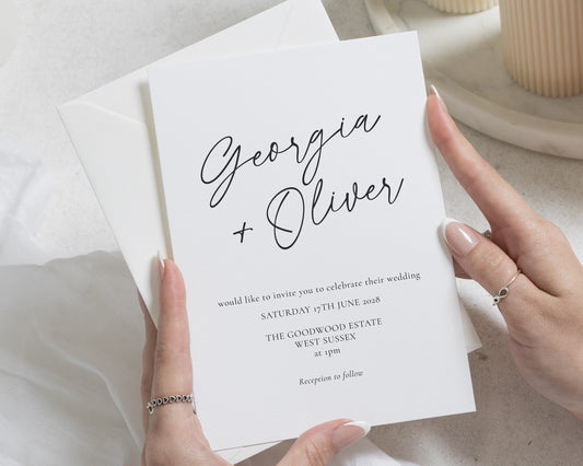 Minimalist Wedding Invitations, Black and White Calligraphy Wedding Invite, Simple Elegant Flat Wedding Invitation Suite