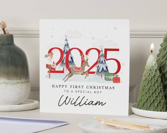 First Christmas Card for Boy, Personalised 2025 Christmas Card, Special Boy Christmas Card, Reindeer Christmas Card, Custom Name Card