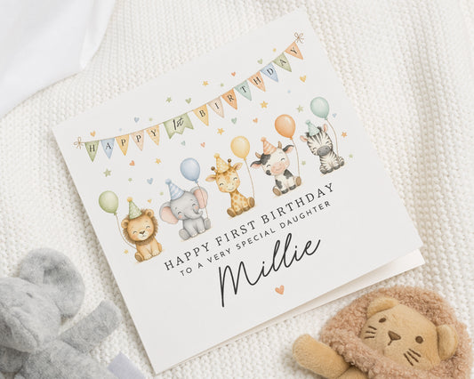 1st Birthday Card for Daughter, First Birthday Card, Personalised Birthday Card for Girl, Safari Animals Birthday Card, Cute Daughter Card