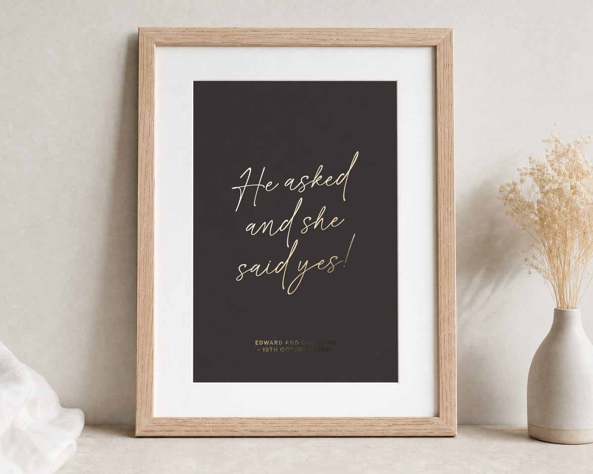 Personalised Gold Foil Engagement Print, He Asked She Said Yes, Chocolate Brown Wall Art, Wedding Gift for Couple, Anniversary Gift