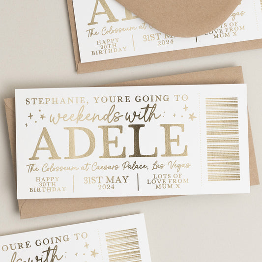 Adele Gig Ticket Gold Foil Gift Voucher, Personalised Gold Foil Scratch Gift Voucher, Scratch Reveal Gift, Scratch To Reveal, Gig Ticket