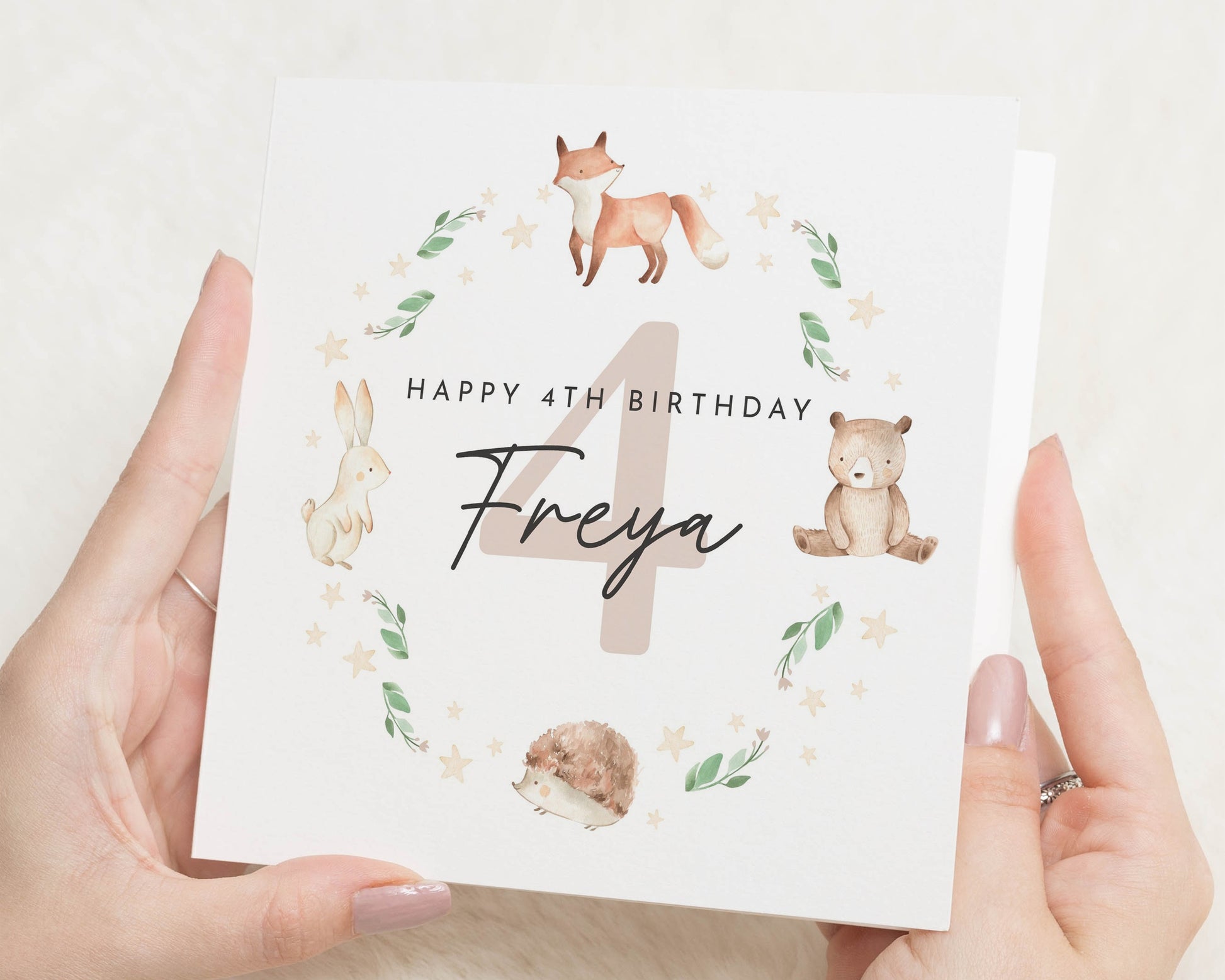 4th Birthday Card, Personalised Woodland Birthday Card for Girl, Animal Birthday Card, Custom Age, Cute Fox Bunny Bear Card