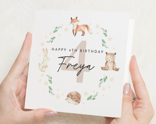 4th Birthday Card, Personalised Woodland Birthday Card for Girl, Animal Birthday Card, Custom Age, Cute Fox Bunny Bear Card