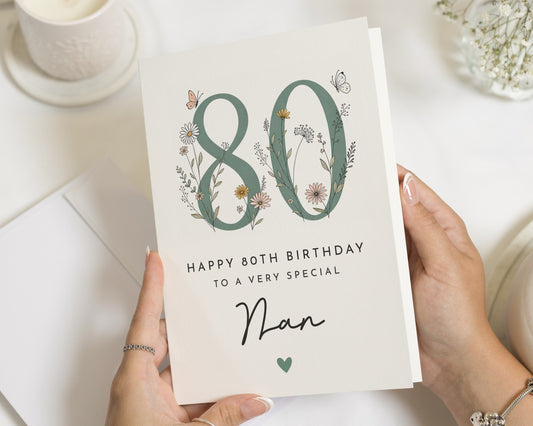 80th Birthday Card for Nan, Nan 80th Birthday Card, Grandma 80th Birthday Card, Floral Birthday Card, Personalised Birthday Card for Her