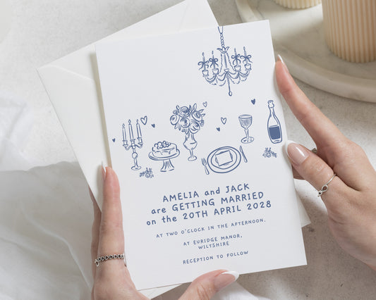 Blue Illustrated Wedding Invitations, Hand Drawn Wedding Invite, Simple Modern Blue Line Art Personalised Wedding Invitation Suite