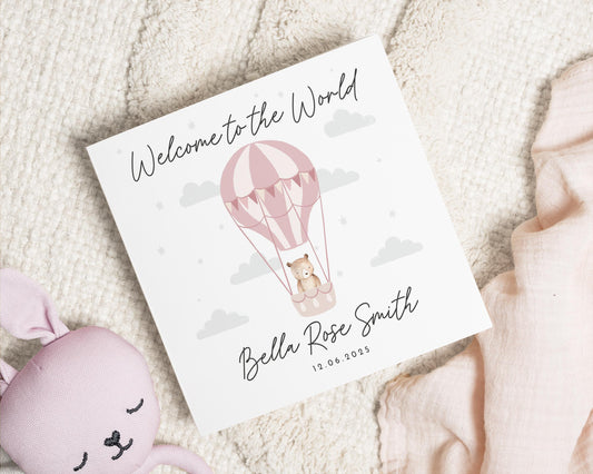 New Baby Card, Welcome To The World Card, Personalised Baby Girl Card, Baby Shower Card, Cute Bear Card, Custom Name Card