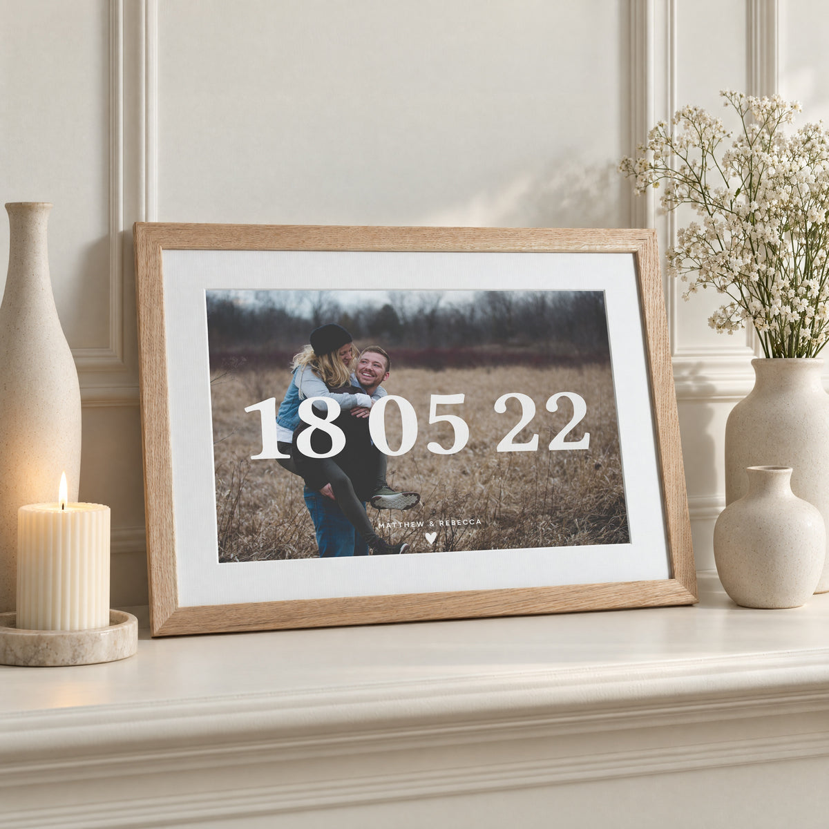 Personalised Photo Date Print, Custom Print From Your Photo, Couple Gift, Anniversary Gift, Wedding Gift, Landscape Oak Framed Print