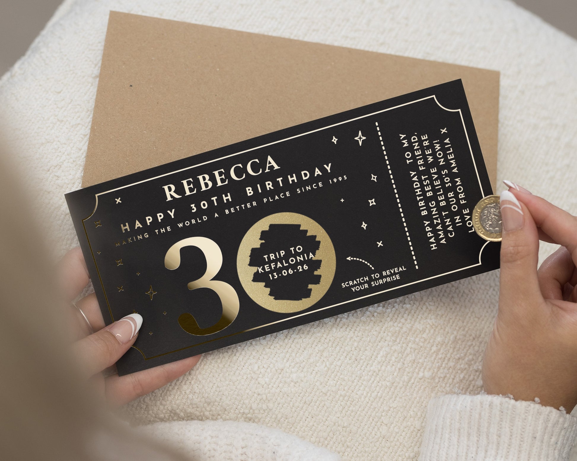 Personalised 30th Birthday Gift Voucher, Scratch To Reveal Holiday, Custom Trip Ticket, Gold Foil Gift For Her