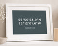 Personalised Coordinates Print, Teal Wall Art, Wedding Gift for Couple, Location Print, Anniversary Gift, White Framed Print