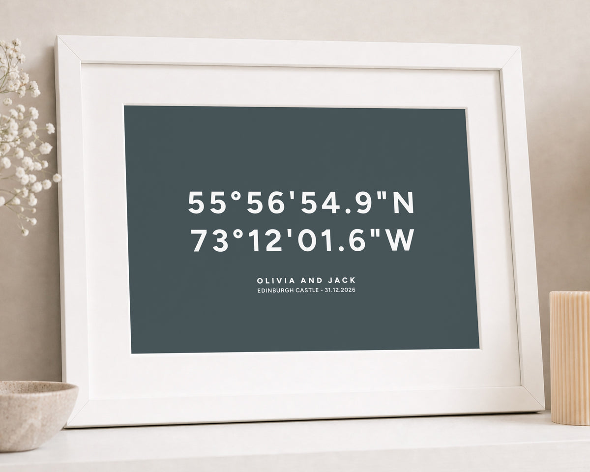 Personalised Coordinates Print, Teal Wall Art, Wedding Gift for Couple, Location Print, Anniversary Gift, White Framed Print