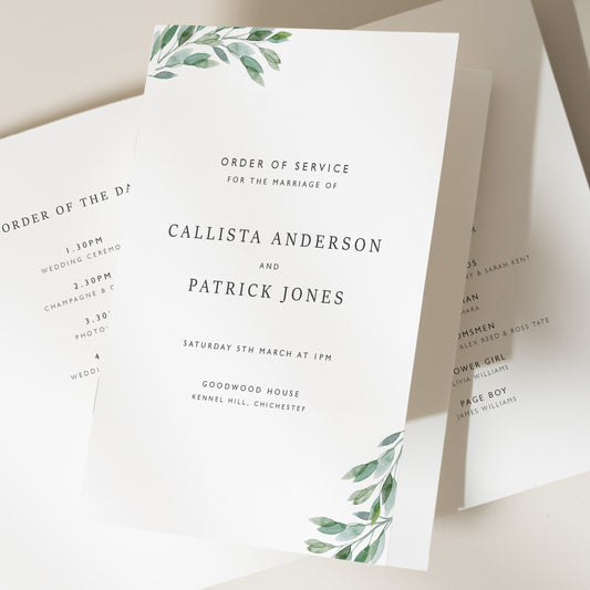 Greenery Order Of Service, Wedding Booklet, Eucalyptus Wedding Program, Sage Custom Order of the Day, Botanical Wedding Ceremony &#39;Callista&#39;