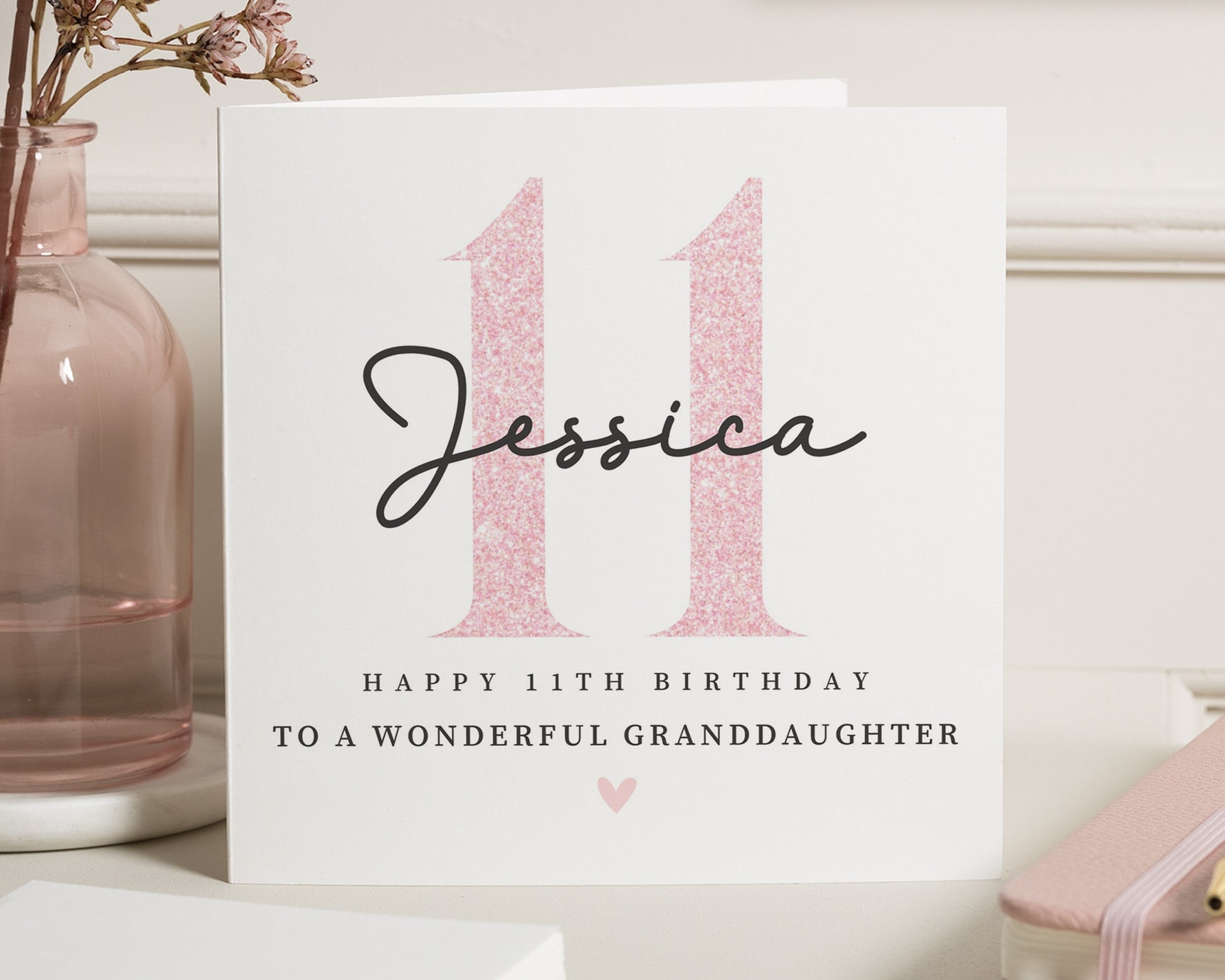 11th Birthday Card for Granddaughter, Personalised Granddaughter Card, Birthday Card for Girl, Custom Name Card, Pink Glitter Card