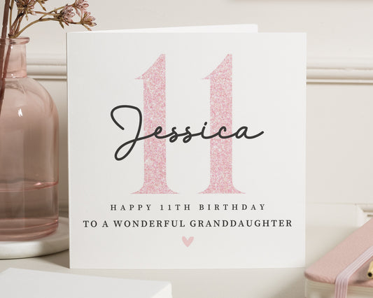 11th Birthday Card for Granddaughter, Personalised Granddaughter Card, Birthday Card for Girl, Custom Name Card, Pink Glitter Card