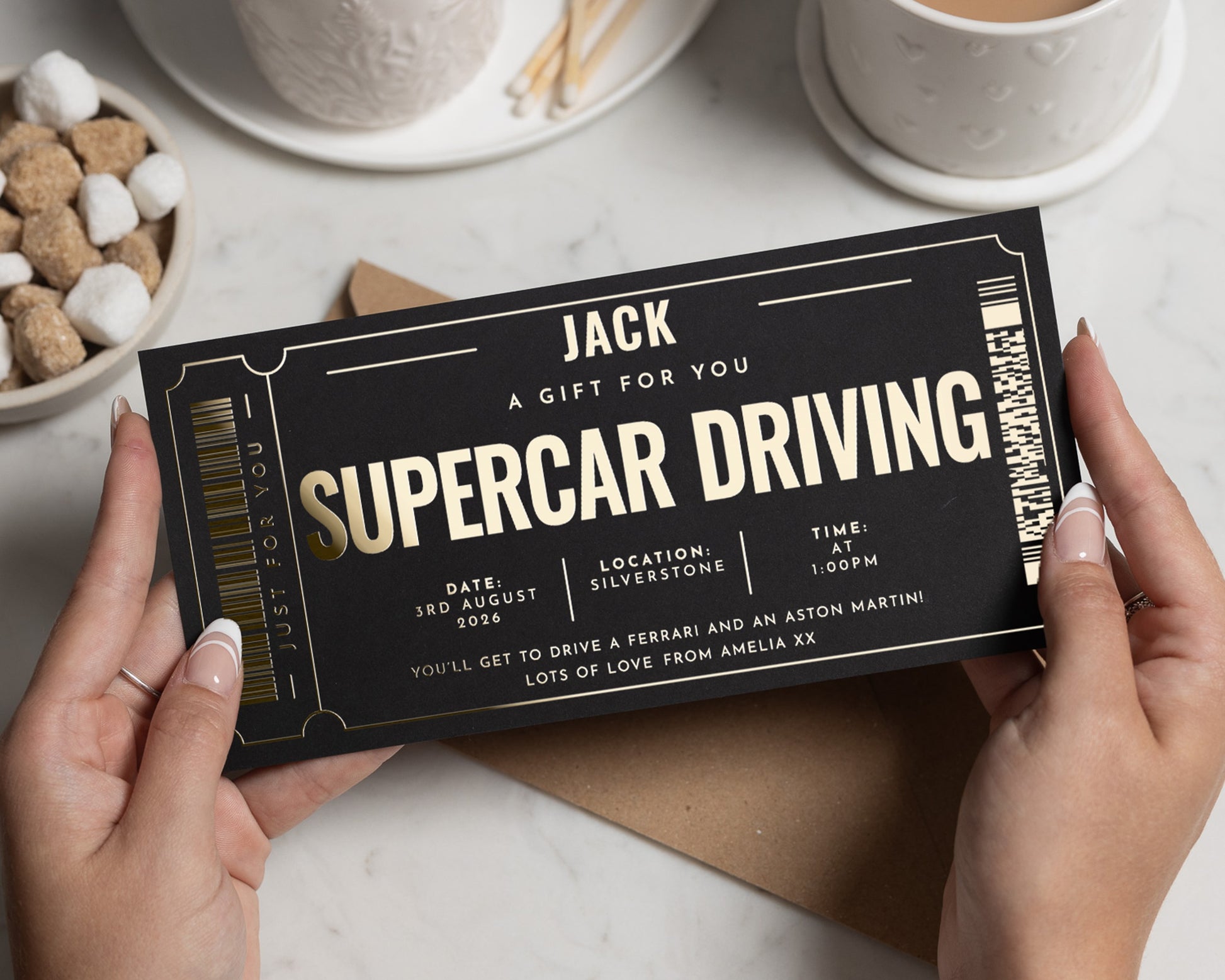 Personalised Supercar Driving Gift Voucher, Experience Day Gift, Gold Foil, Custom Gift For Him, Birthday Gift For Dad, Scratch To Reveal