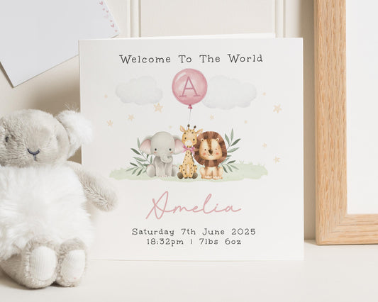 Personalised New Baby Card, Welcome To The World Card, Baby Girl Card, Animal Card, Safari Card, Custom Name Card, Birth Announcement Card